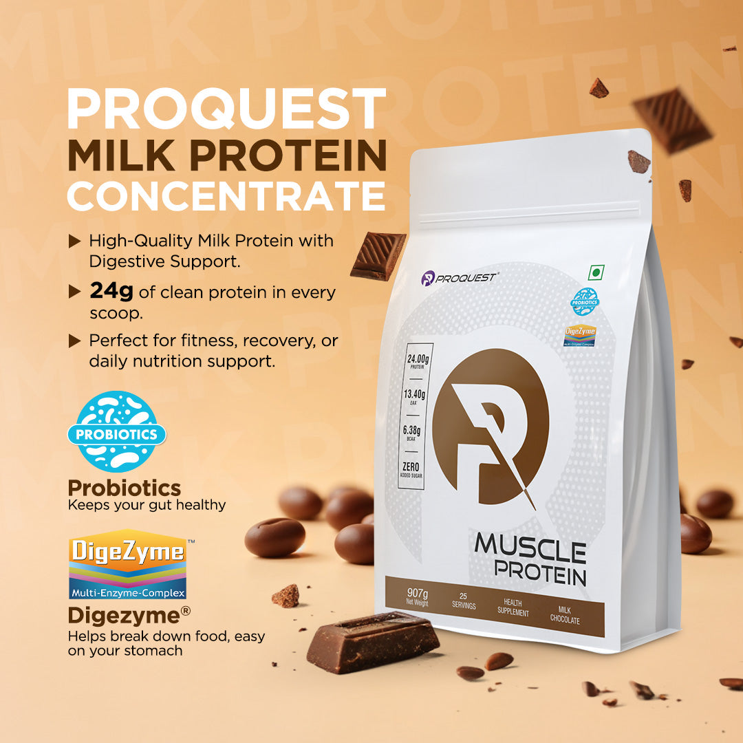 Proquest Muscle Protein with 24Gm Protein for Muscle Recovery & Gut Health - With Probiotics & Digezyme® Enzymes No Added Sugar Milk Chocolate Flavour - Men and Women
