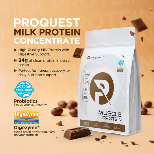 Proquest Muscle Protein with 24Gm Protein for Muscle Recovery & Gut Health - With Probiotics & Digezyme® Enzymes  No Added Sugar Milk Chocolate Flavour - Men and Women