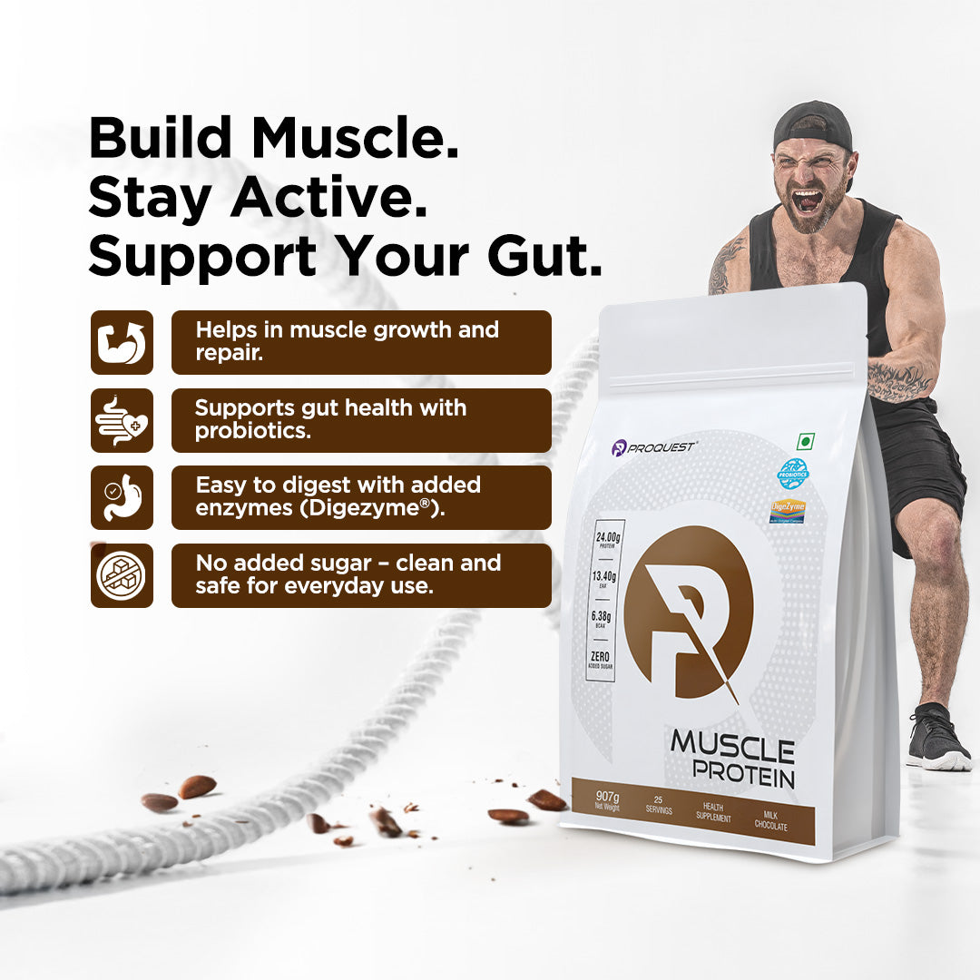 Proquest Muscle Protein with 24Gm Protein for Muscle Recovery & Gut Health - With Probiotics & Digezyme® Enzymes No Added Sugar Milk Chocolate Flavour - Men and Women
