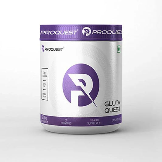 ProQuest Gluta Quest health supplement container with purple and white label, 250g, 50 servings