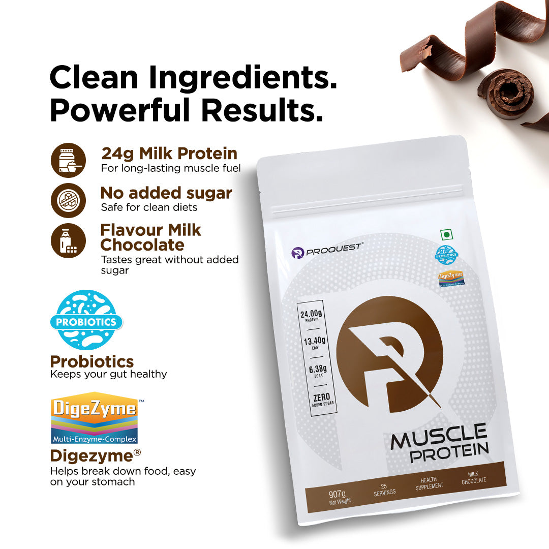 Proquest Muscle Protein with 24Gm Protein for Muscle Recovery & Gut Health - With Probiotics & Digezyme® Enzymes No Added Sugar Milk Chocolate Flavour - Men and Women