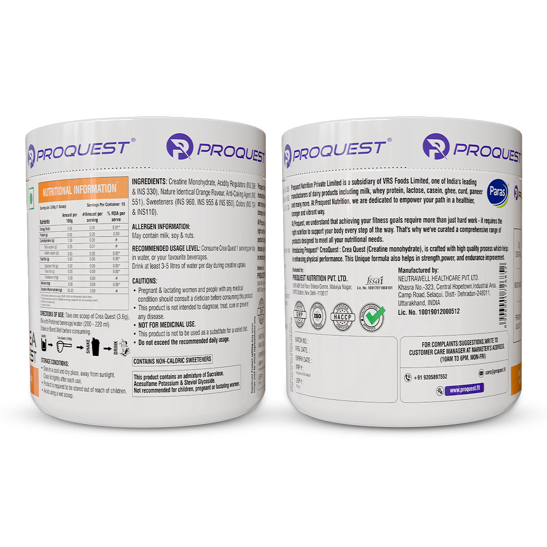 Crea Quest orange Flavour Creatine Monohydrate, instantly soluble & Rapid absorption
