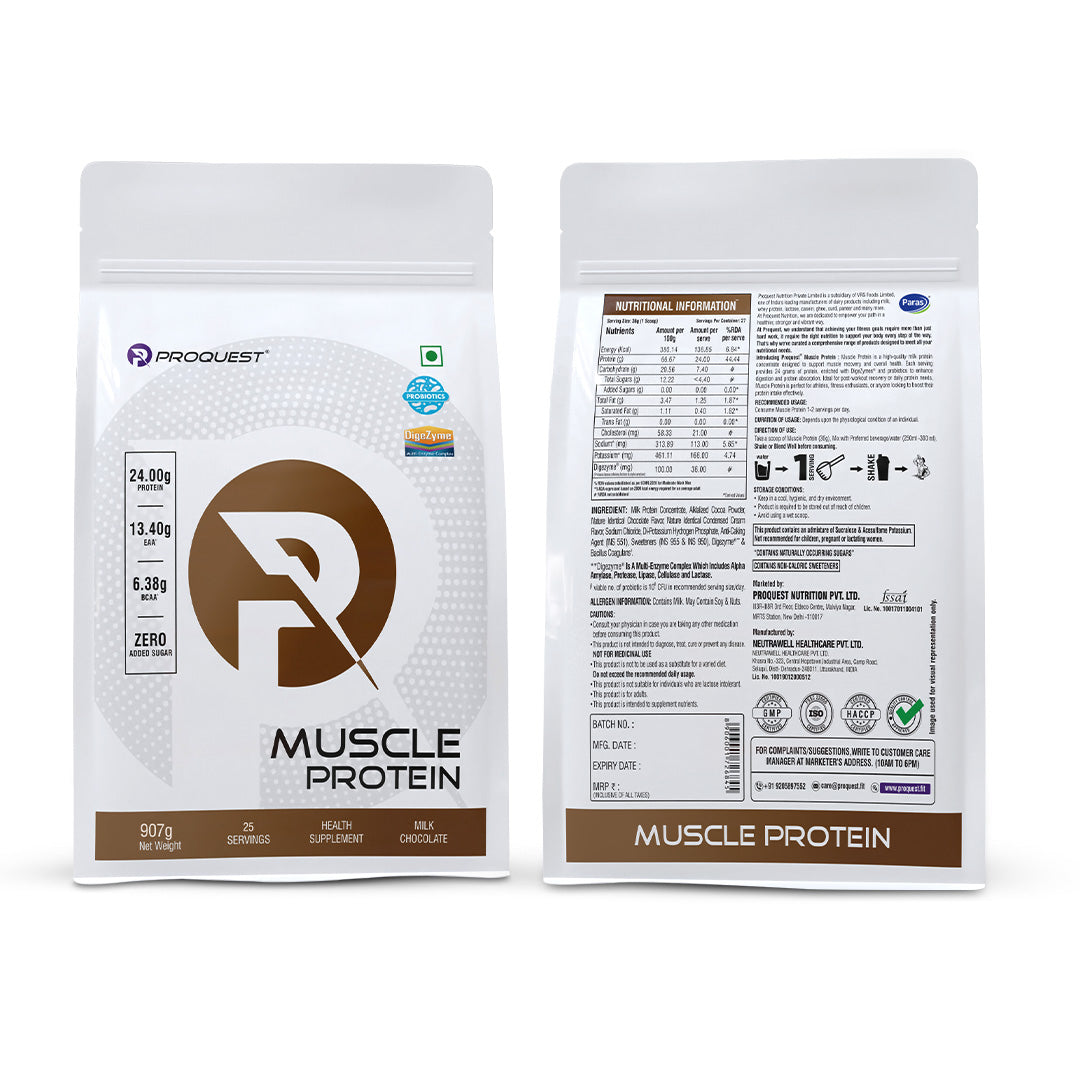 Proquest Muscle Protein with 24Gm Protein for Muscle Recovery & Gut Health - With Probiotics & Digezyme® Enzymes No Added Sugar Milk Chocolate Flavour - Men and Women