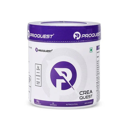 ProQuest Crea Quest creatine supplement container with purple and white label, 90g, 30 servings
