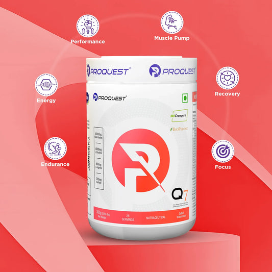 Proquest Q7 supplement container with benefits icons for performance, muscle pump, energy, recovery, endurance, and focus