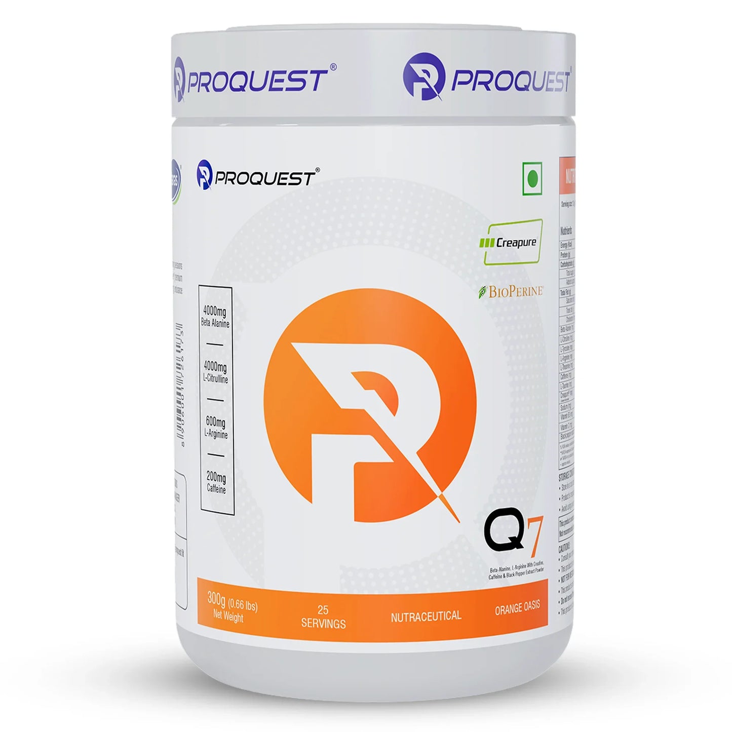 Proquest Q7 orange oasis nutraceutical supplement container with beta alanine, l-citrulline, caffeine ingredients
