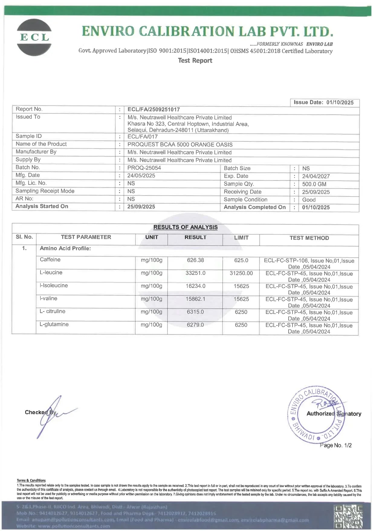 Test report from Enviro Calibration Lab Pvt. Ltd. for PROQUEST BCAA 5000 Orange Oasis by Neutrawell Healthcare