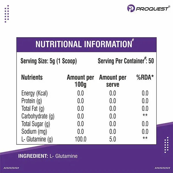 ProQuest nutritional information label showing 100% L-Glutamine, zero calories, protein, fat, carbs, sugar, sodium per serving