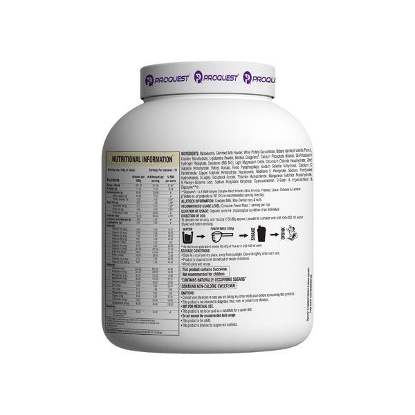 White protein powder container with detailed nutritional information and usage instructions on label