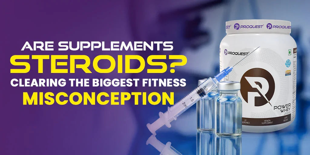 Fitness supplement jar labeled Power Whey with syringes and vials, text clearing steroid misconceptions