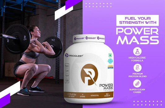 Woman doing barbell squats in gym next to Proquest Power Mass protein powder container with supplement benefits