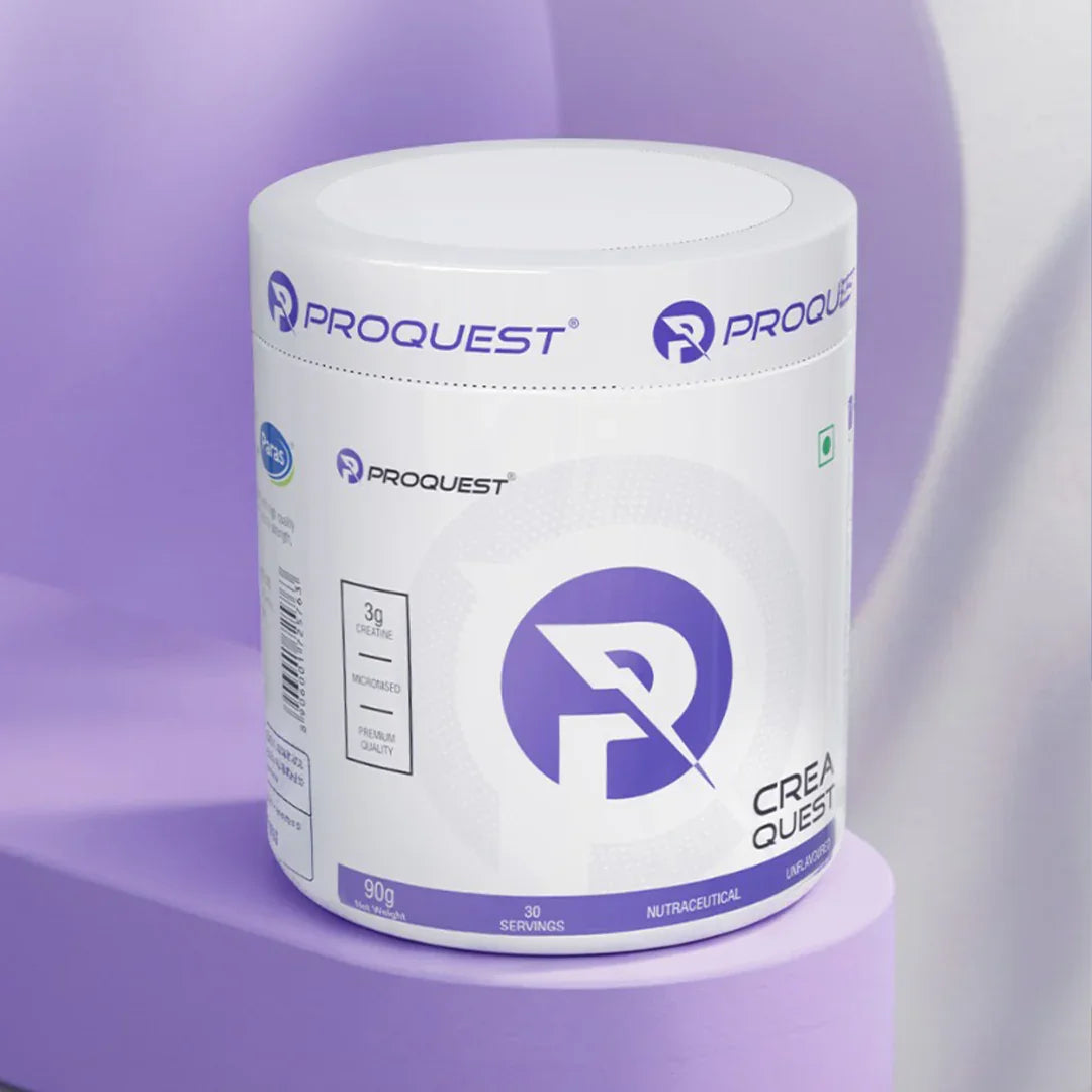Proquest Crea Quest creatine supplement container on purple background with 30 servings