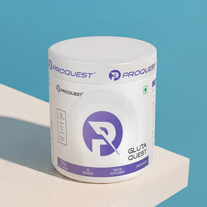 Proquest Gluta Quest 250g unflavored health supplement container on a textured white surface with blue background