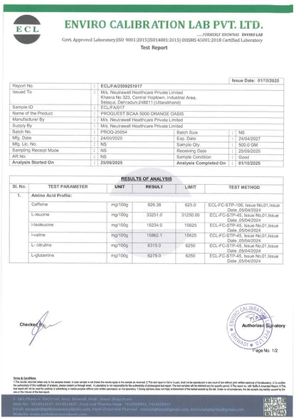 Test report from Enviro Calibration Lab Pvt. Ltd. for PROQUEST BCAA 5000 Orange Oasis by Neutrawell Healthcare