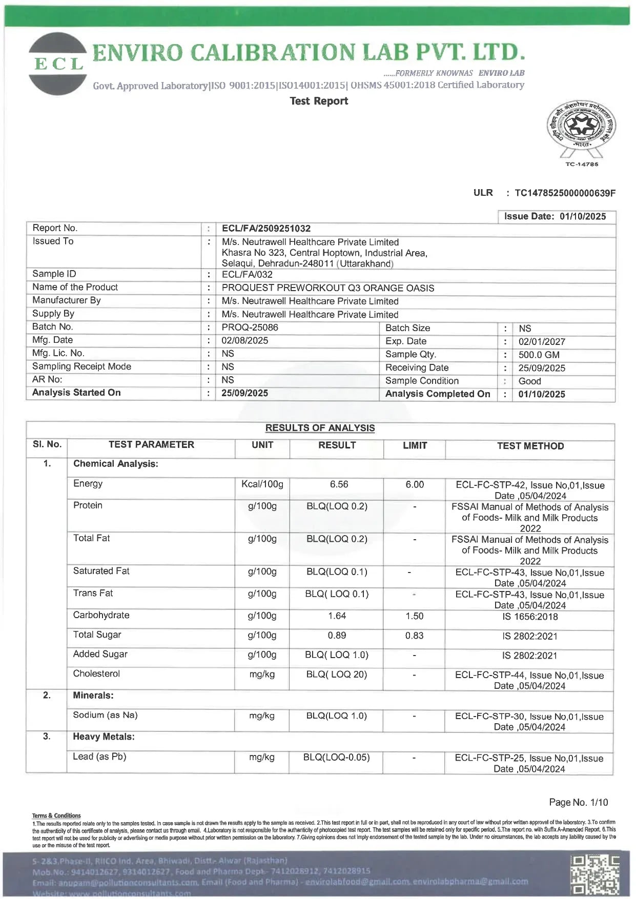 Chemical analysis test report for PROQUEST PREWORKOUT Q3 ORANGE OASIS by Enviro Calibration Lab Pvt. Ltd.