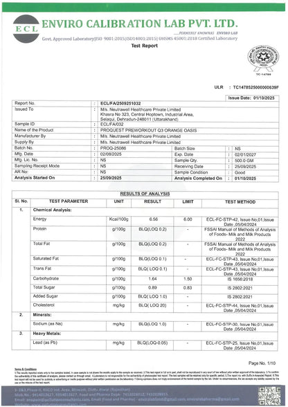 Chemical analysis test report for PROQUEST PREWORKOUT Q3 ORANGE OASIS by Enviro Calibration Lab Pvt. Ltd.