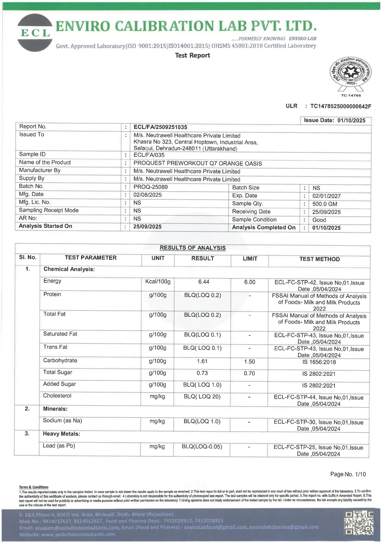 Test report by Enviro Calibration Lab for Proquest Preworkout Q7 Orange Oasis with chemical, mineral, heavy metal analysis