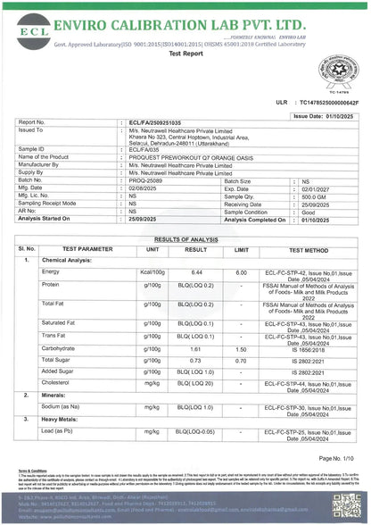 Test report by Enviro Calibration Lab for Proquest Preworkout Q7 Orange Oasis with chemical, mineral, heavy metal analysis