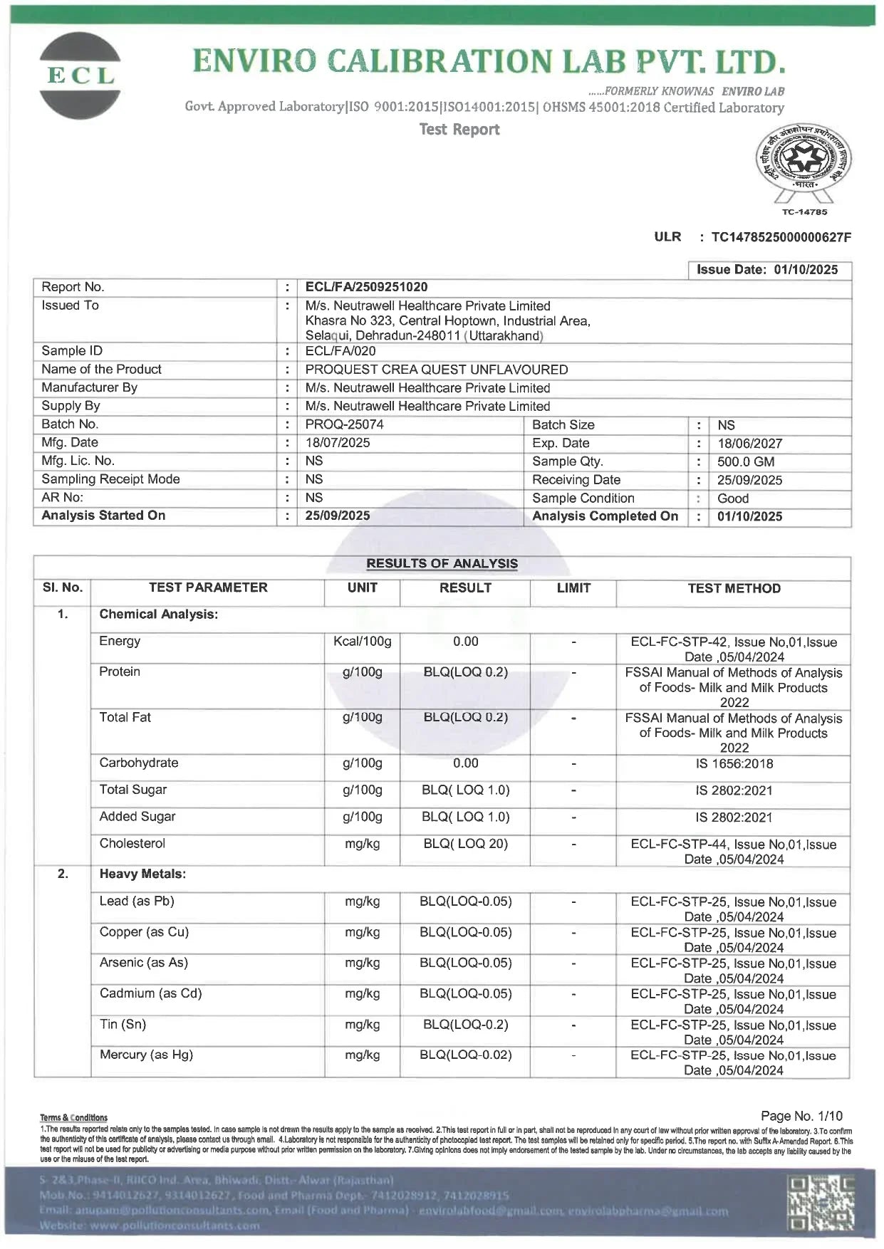 Enviro Calibration Lab test report for PROQUEST CREA QUEST UNFLAVOURED by Neutrawell Healthcare