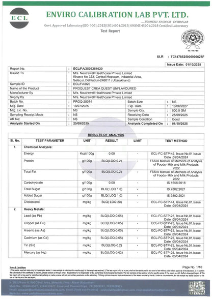 Enviro Calibration Lab test report for PROQUEST CREA QUEST UNFLAVOURED by Neutrawell Healthcare