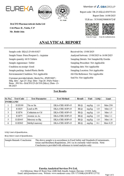 Proquest L-Arginine Supplements Tablet 60 - Supports Endurance, Blood Flow, Performance, Stamina & Muscle Recovery