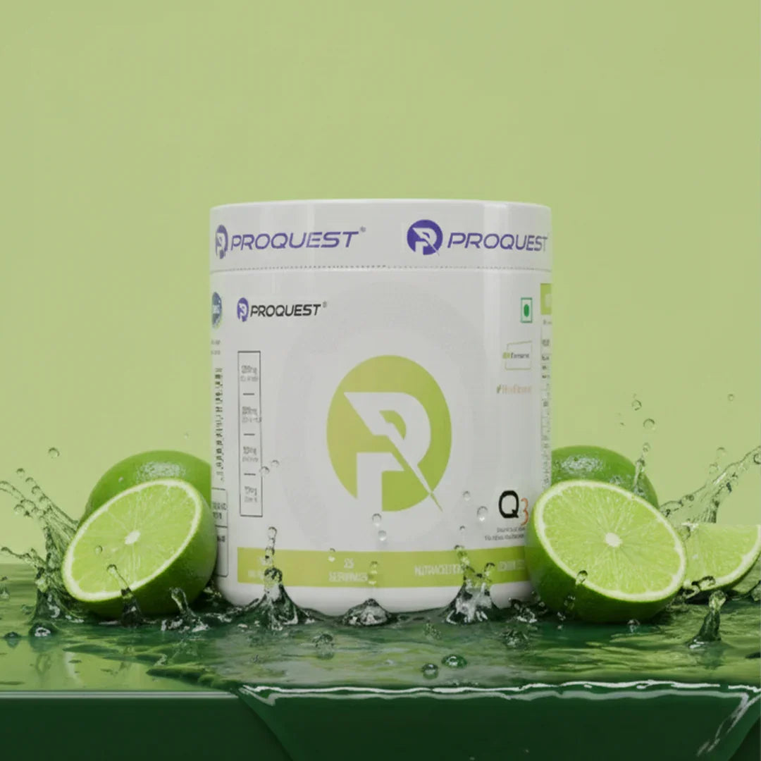 ProQuest Q3 lime-flavored nutritional supplement container with fresh limes and water splash