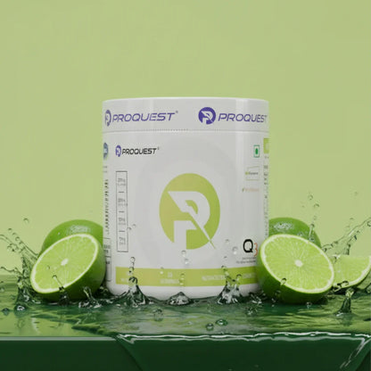 ProQuest Q3 lime-flavored nutritional supplement container with fresh limes and water splash
